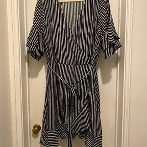 City Chic black and white striped faux wrap dress